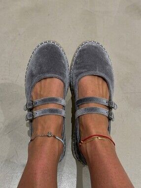 Women's Gray Velvet Double-Strap Mary Jane Flats